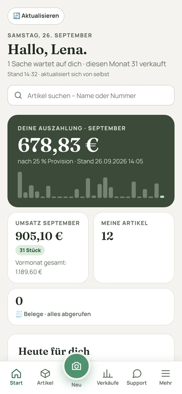 Partner-Portal 2.0 am Handy: Hallo, Lena – Auszahlung September 678,83 Euro mit Tagesbalken, Umsatz September 905,10 Euro, 31 Stück, 12 Artikel, Navigation unten mit Kamera-Knopf für neue Artikel.