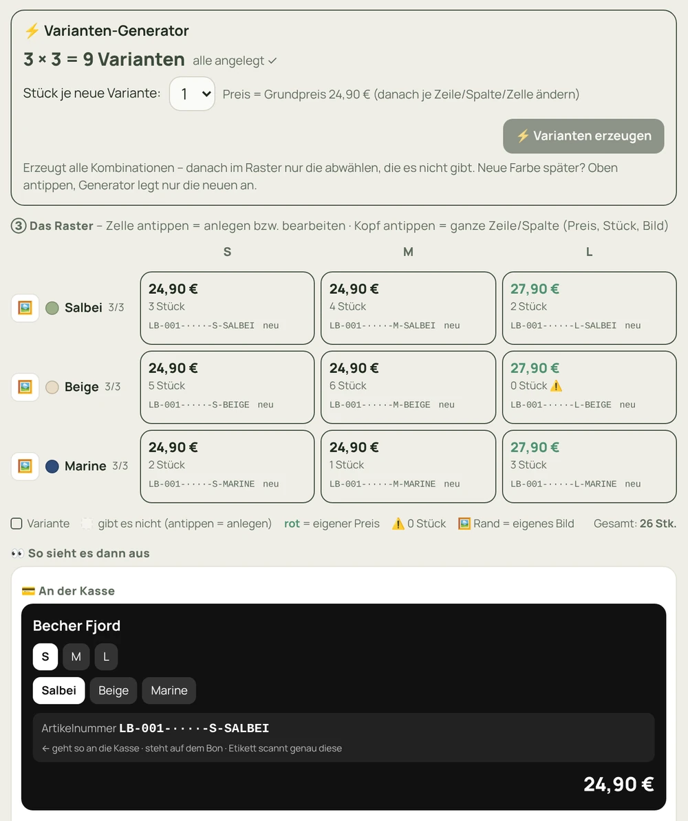 Partner-Portal 2.0: Varianten-Generator 3 mal 3 gleich 9 Varianten, Raster Größe S, M, L mal Farbe Salbei, Beige, Marine mit Preis, Stückzahl und Artikelnummer je Zelle, darunter die Kassen-Vorschau.
